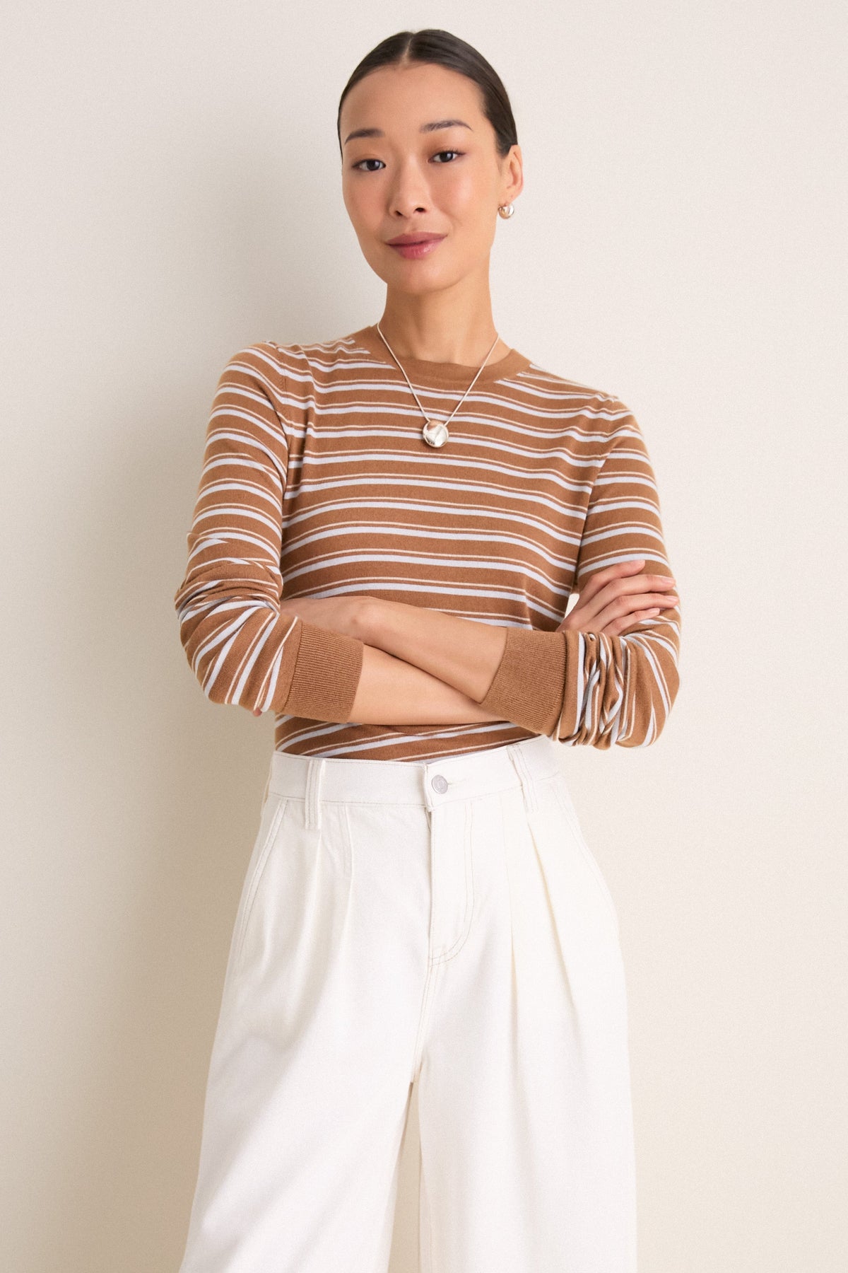 Mocha and Ice Blue Striped Long Sleeve Katie Tee