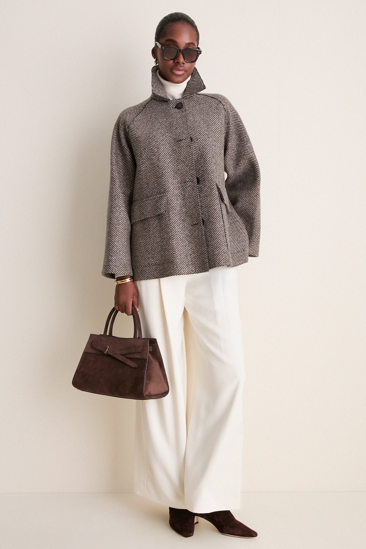 Cream and Brown Herringbone Patterned Cashmere Blend Raglan Jacket
