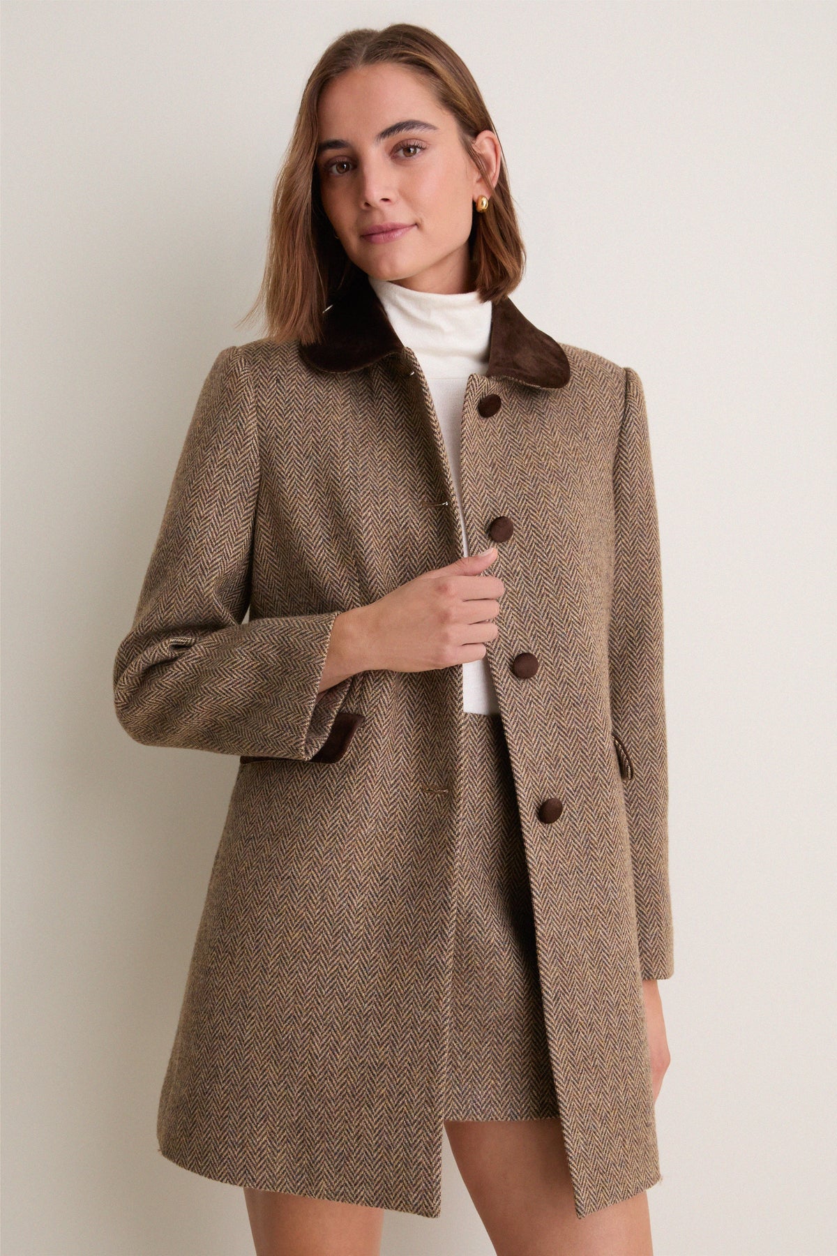 Herringbone Velvet Trim Patton Coat
