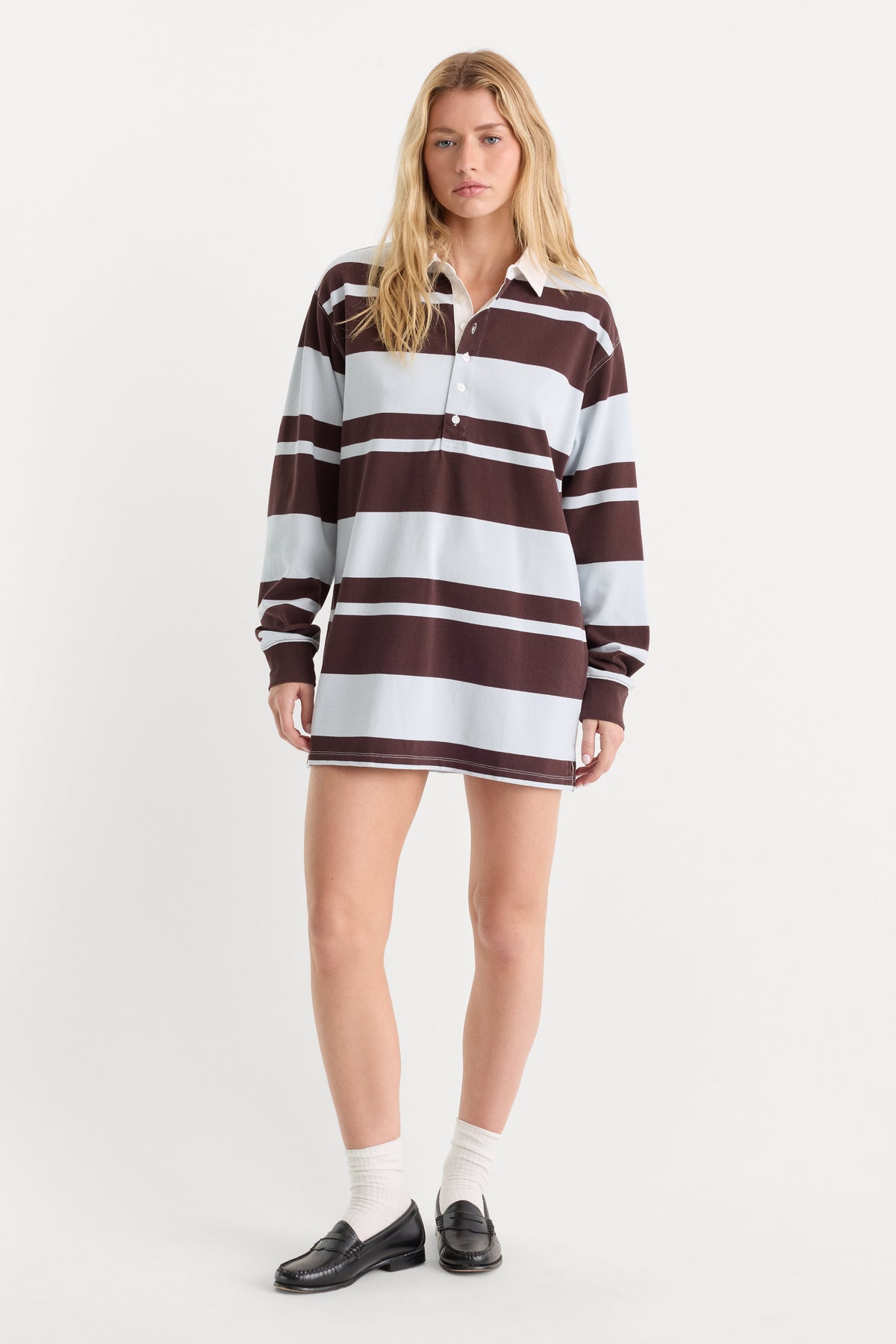 THE KNIT RUGBY MINI DRESS | SKY MOCHA CLUB STRIPE