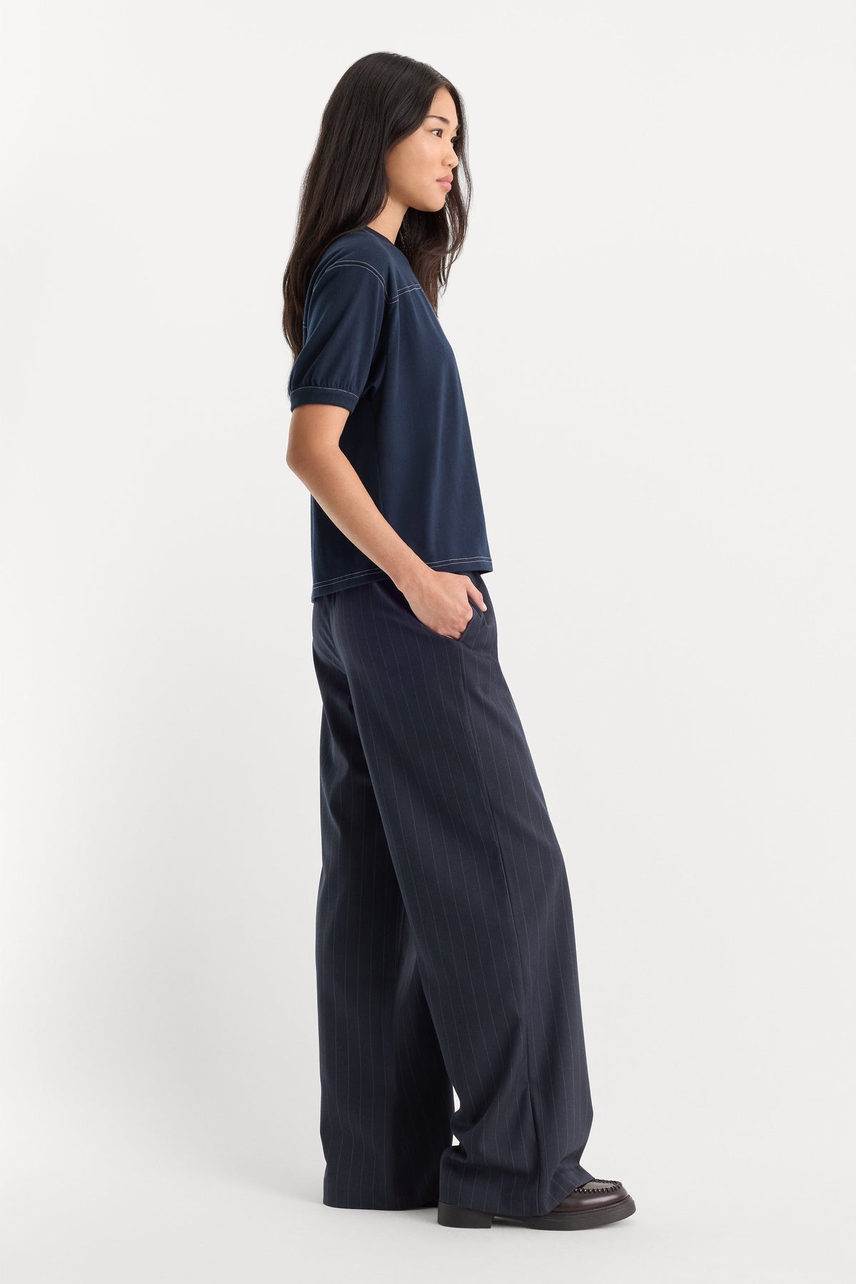 THE PINSTRIPE PULL ON TROUSER | NAVY PINSTRIPE