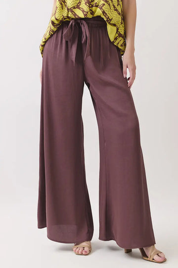 WASHED POLY SILK TIE WAIST WIDE LEG PANTS