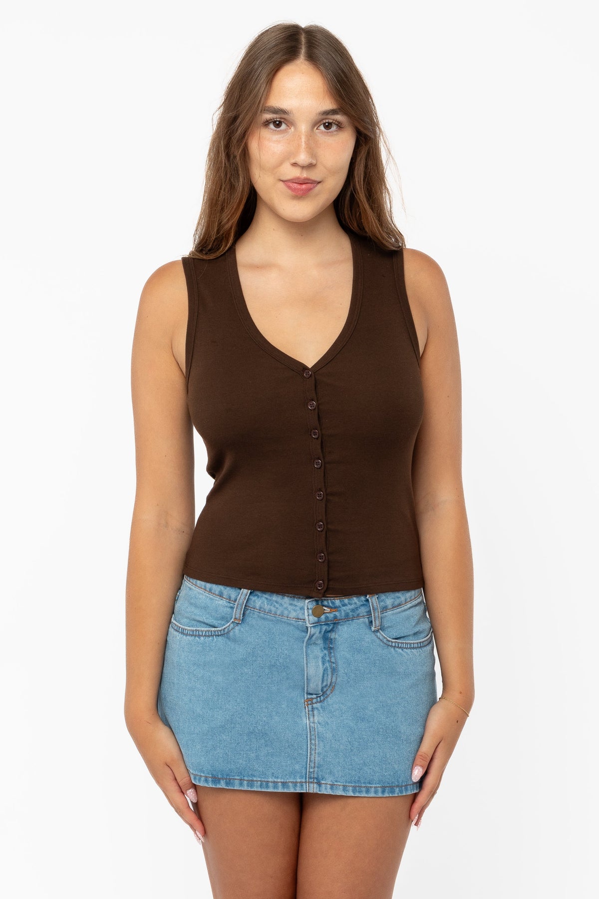 43575X - Baby Rib Sleeveless V Neck Button Up Top