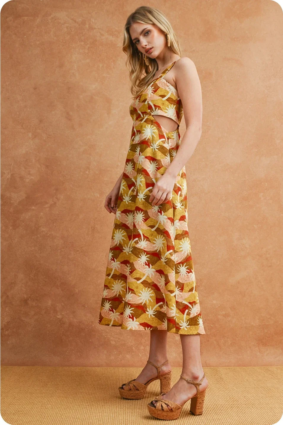 SUNBURST GEO PALM PRINT CUTOUT MIDI DRESS