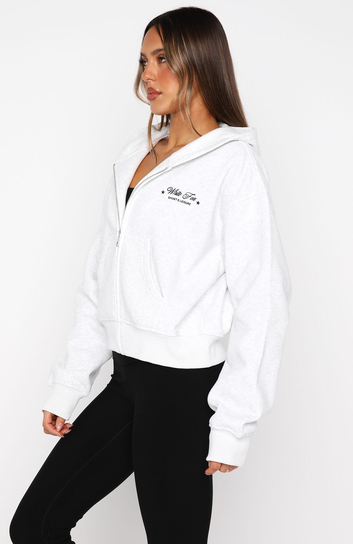 Just Try Again Boxy Zip Front Hoodie Grey Marle