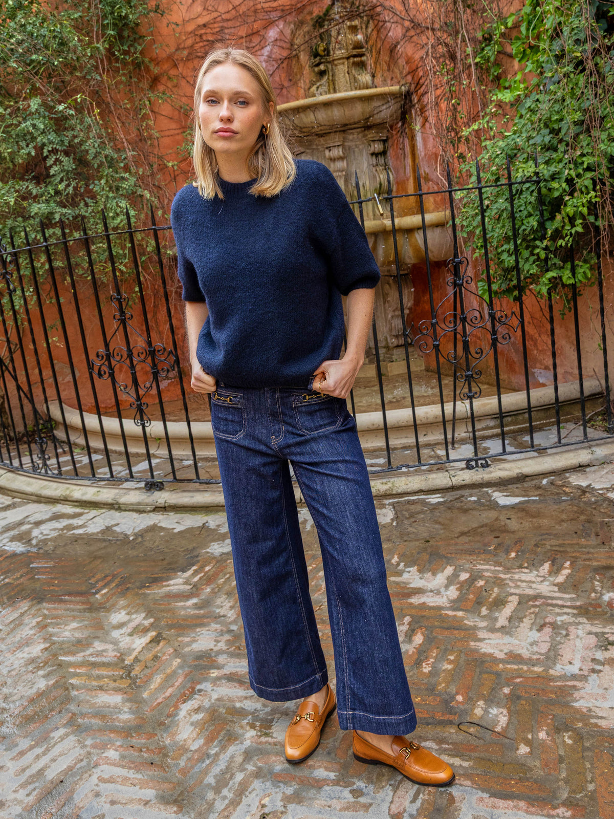 Balloon Elbow Sleeve Knit Sweater - Navy
