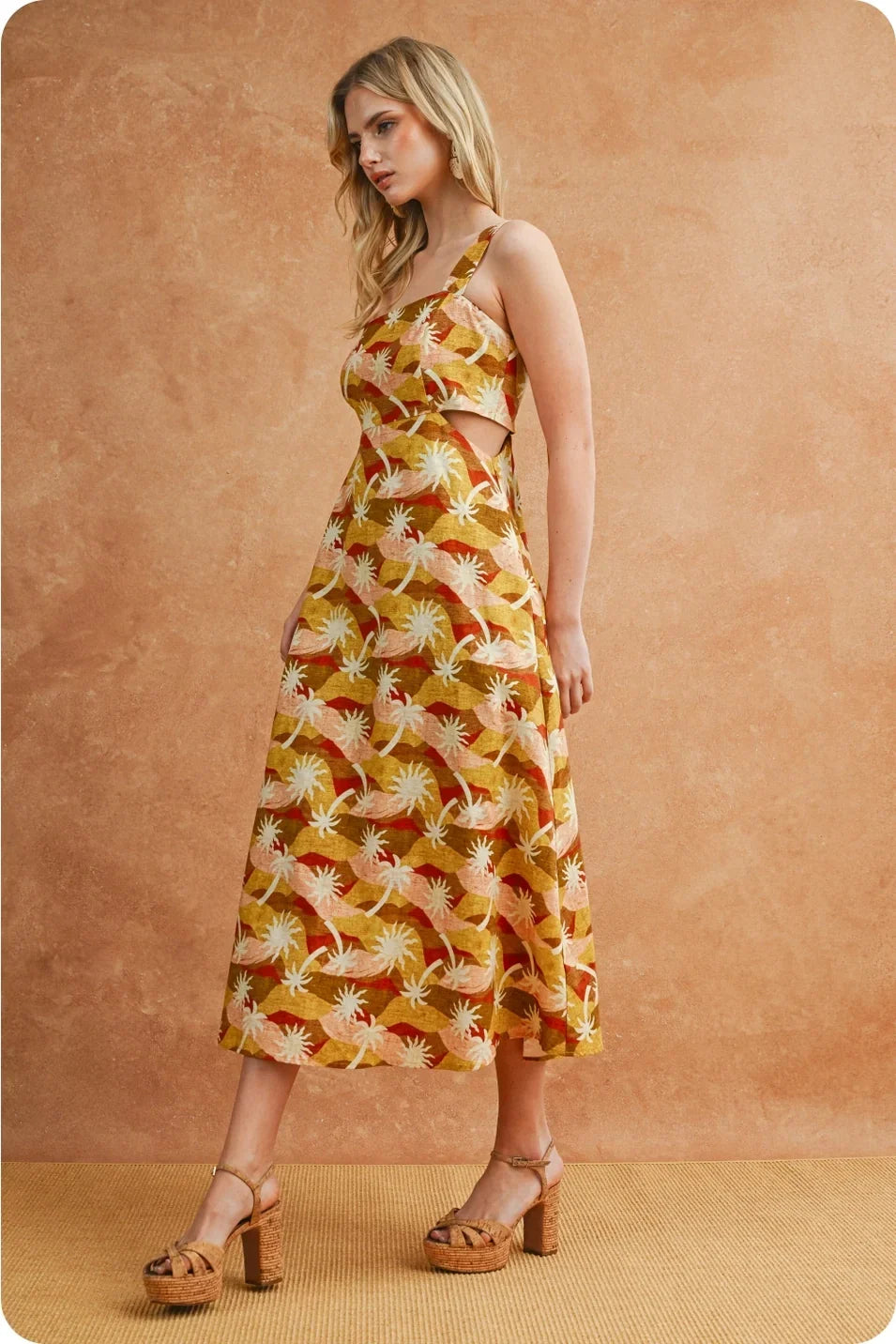 SUNBURST GEO PALM PRINT CUTOUT MIDI DRESS