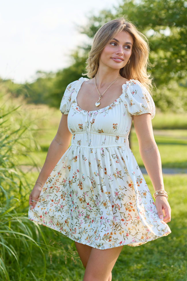 Sunlit Garden Ivory Multi Floral Puff Sleeve Mini Dress