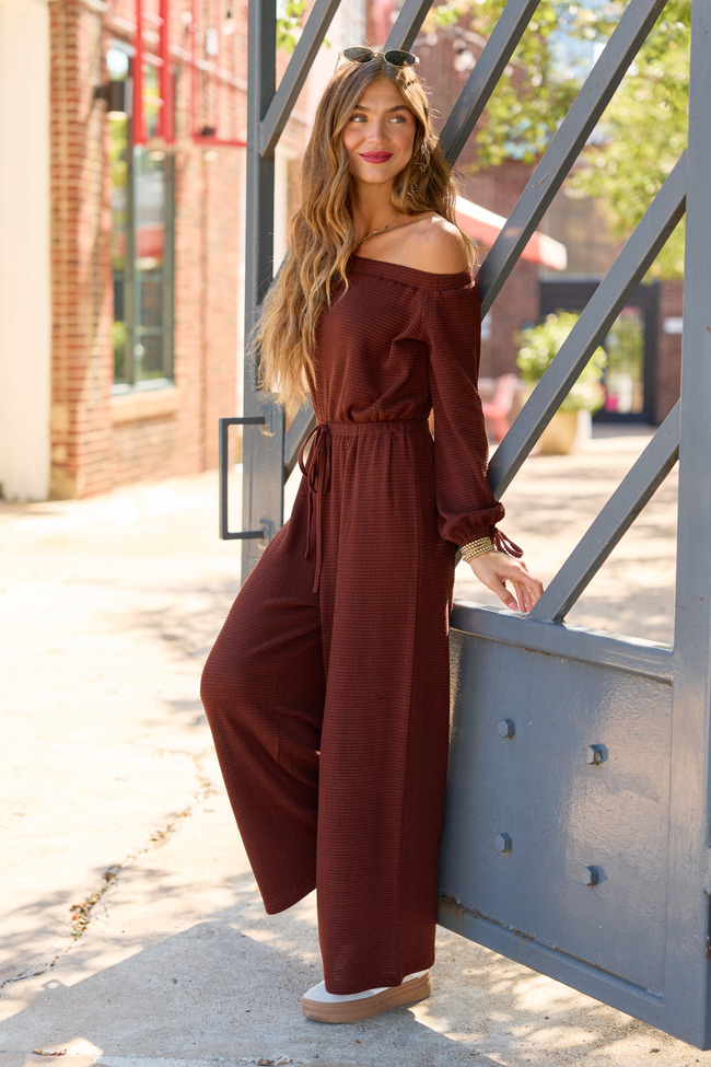 Easy Choice Solid Off The Shoulder Long Sleeve Jumpsuit Brown