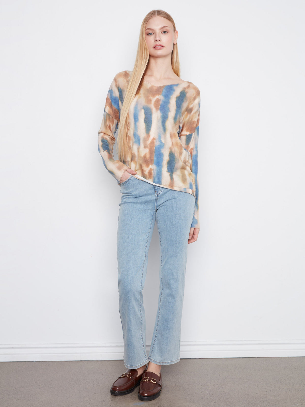 Printed V-Neck Knit Top - Paint