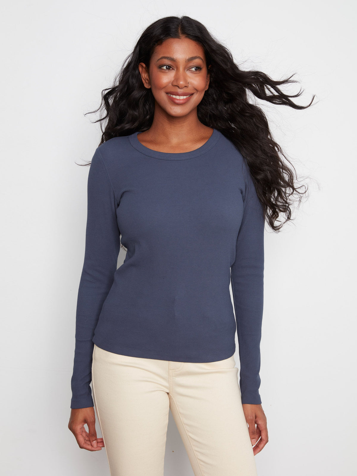 Cotton Blend Ribbed Long Sleeve Top - Midnight