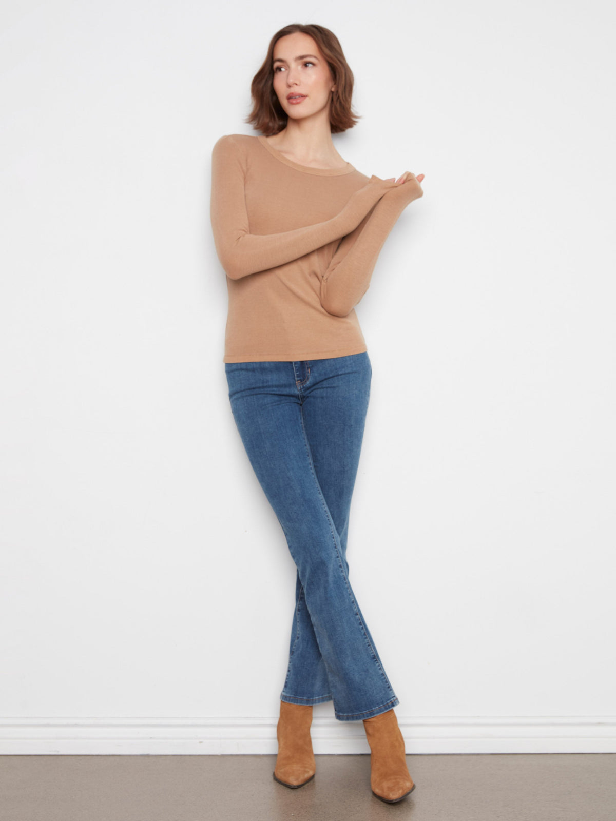 Cotton Blend Ribbed Long Sleeve Top - Truffle