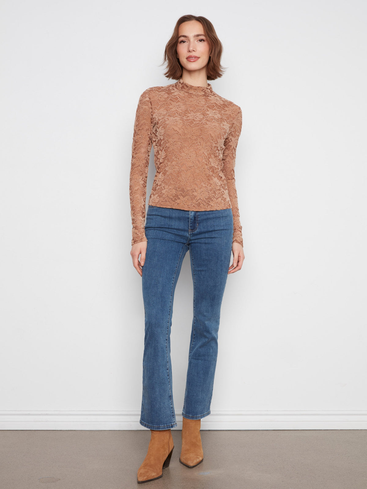 Lace Mock Neck Top - Truffle
