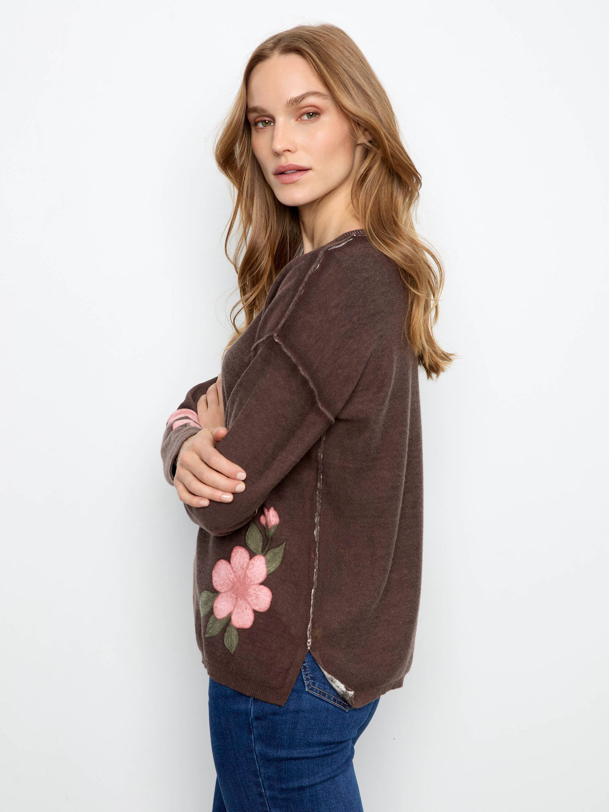 Reversible Floral V-Neck Sweater - Coffee