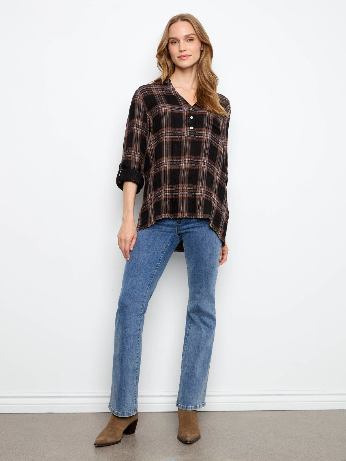 Plaid Double Gauze Blouse - Black