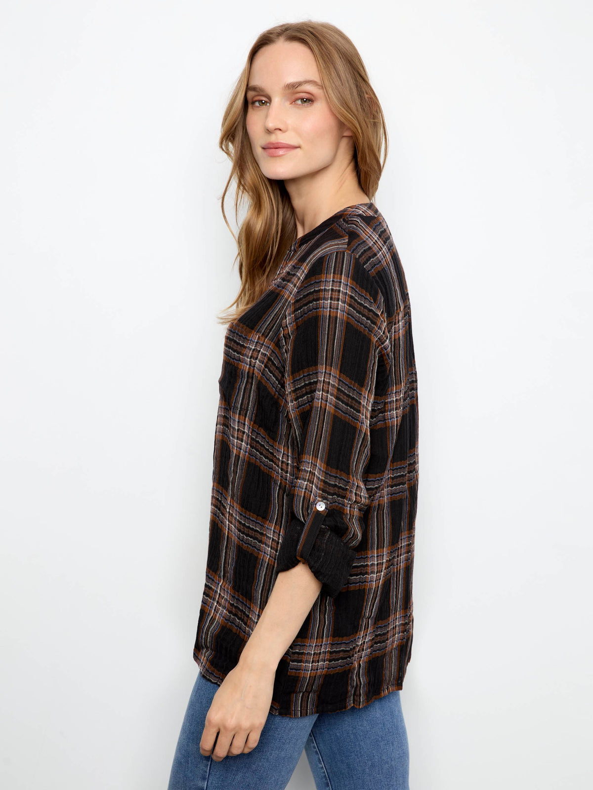 Plaid Double Gauze Blouse - Black