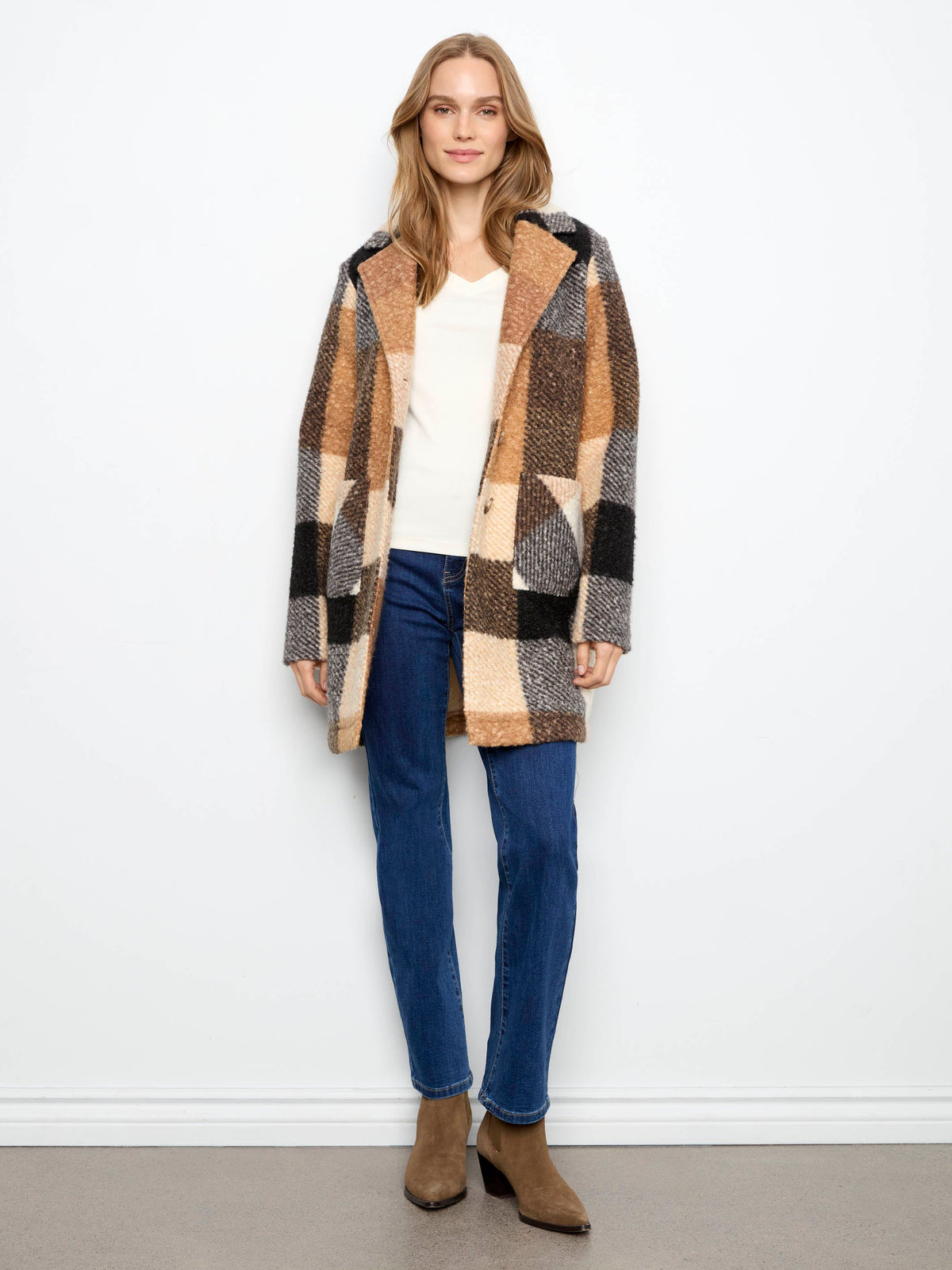 Plaid Bouclé Knit Coat - Taupe