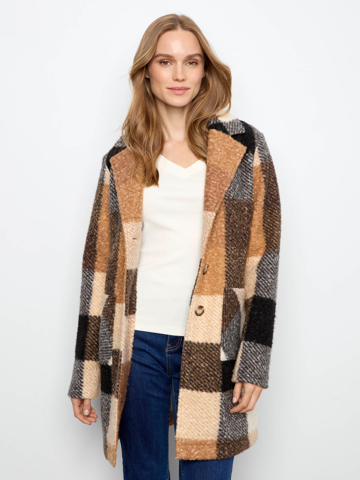 Plaid Bouclé Knit Coat - Taupe