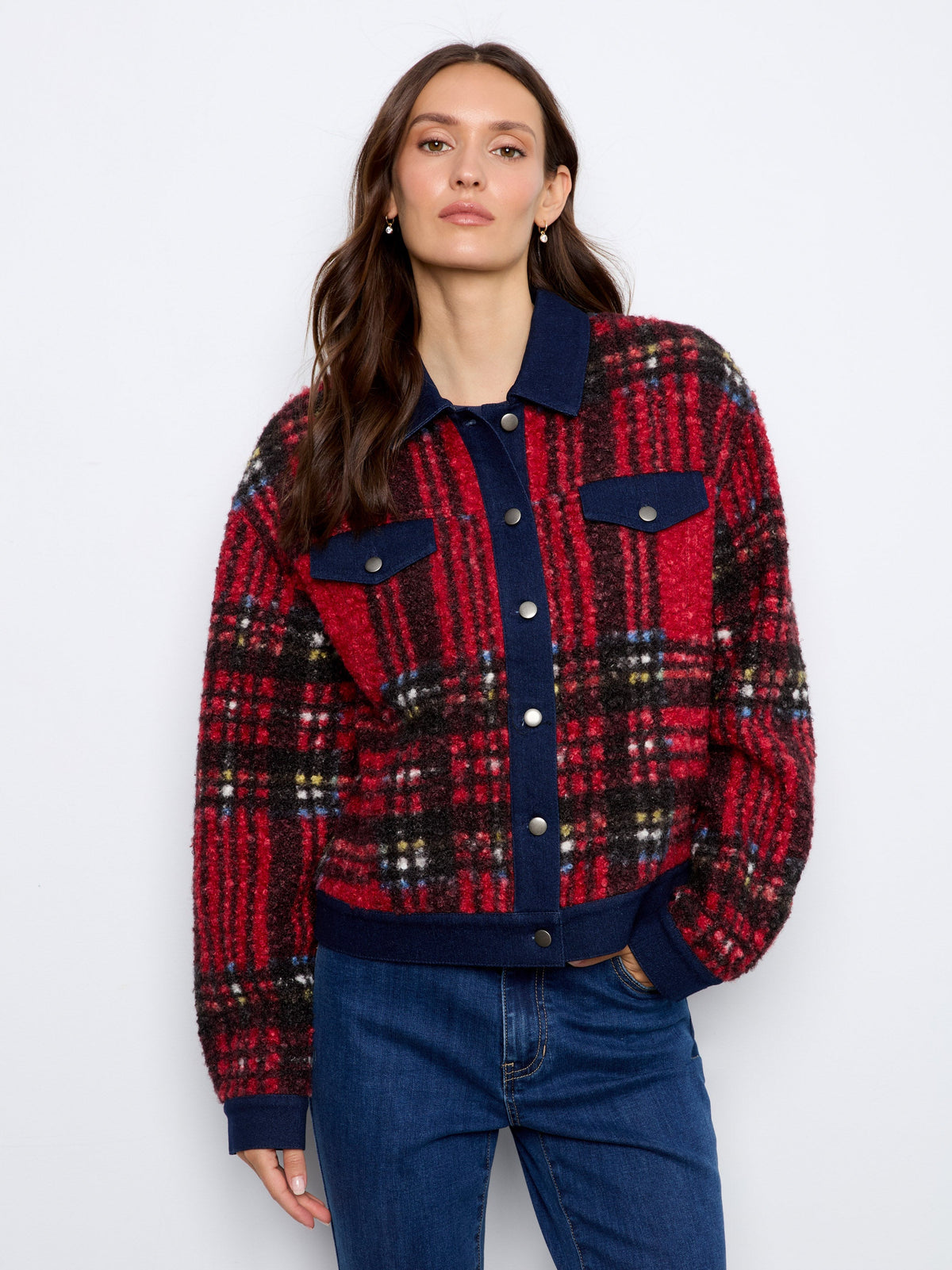Plaid Bouclé Jacket With Denim Trim - Cranberry