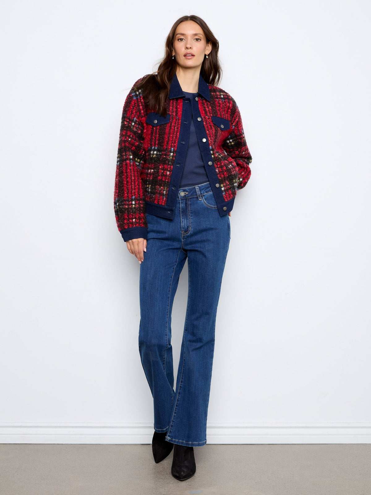 Plaid Bouclé Jacket With Denim Trim - Cranberry