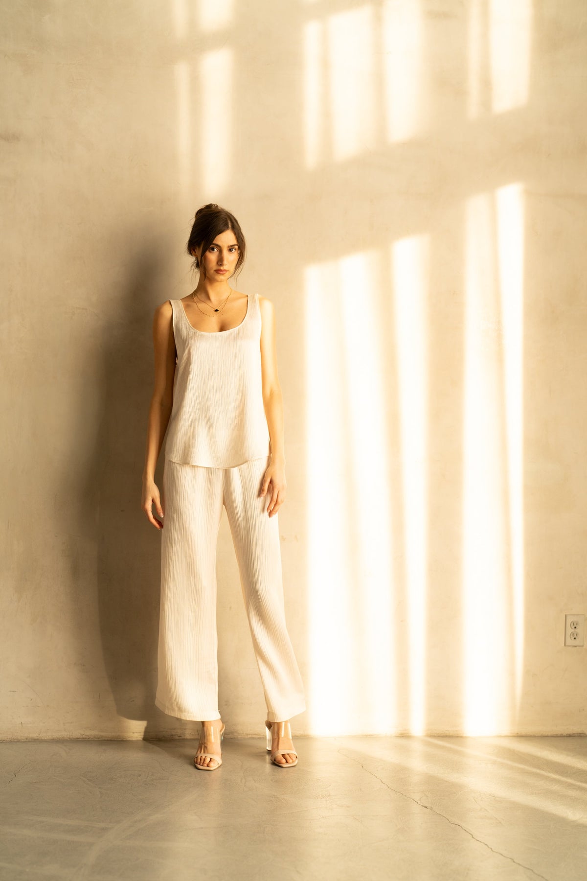 CRINKLE ACETATE MID WIDE LEG PANTS