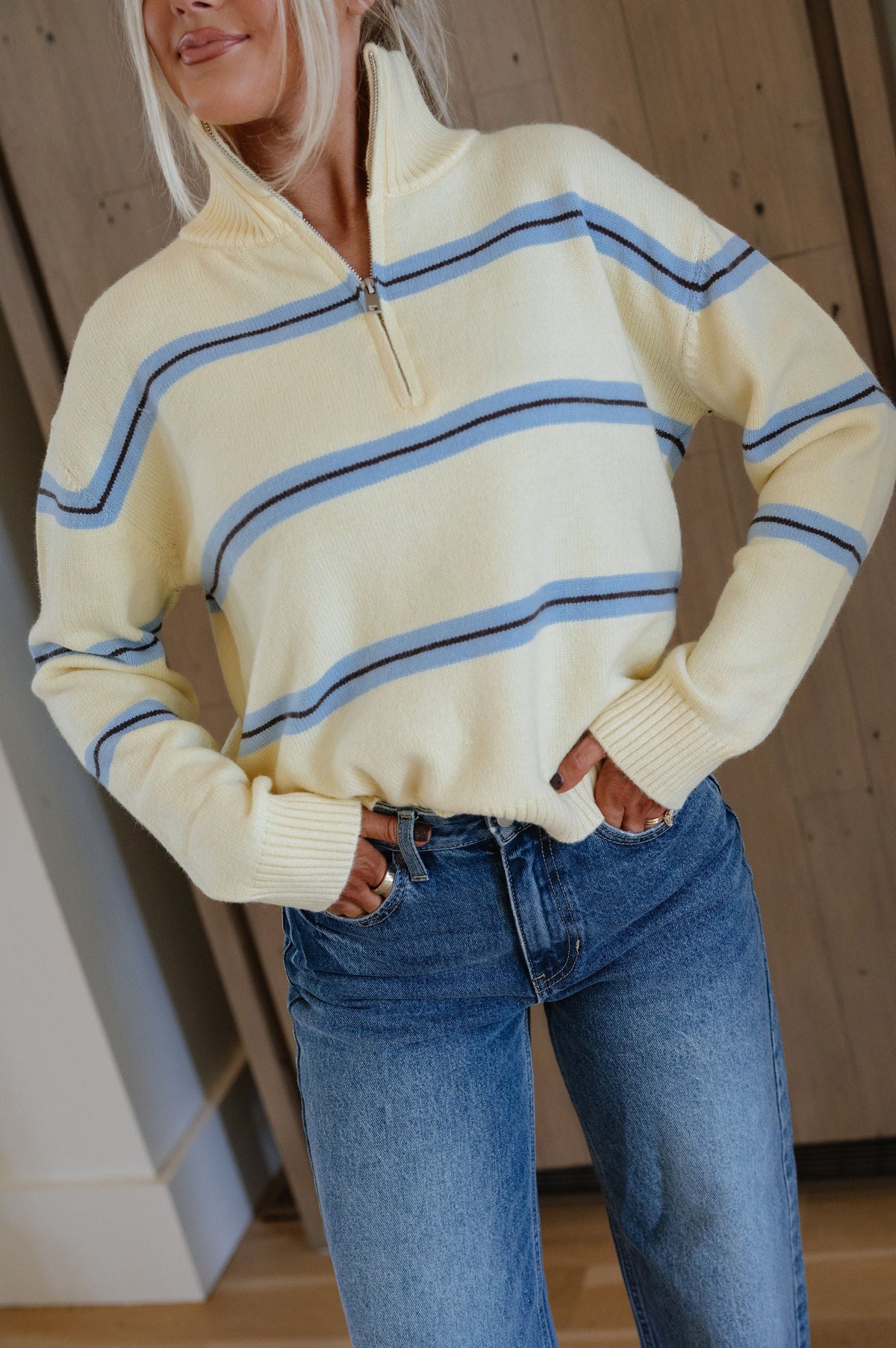 Quarter Zip Striped Sweater-Lemon/Sky