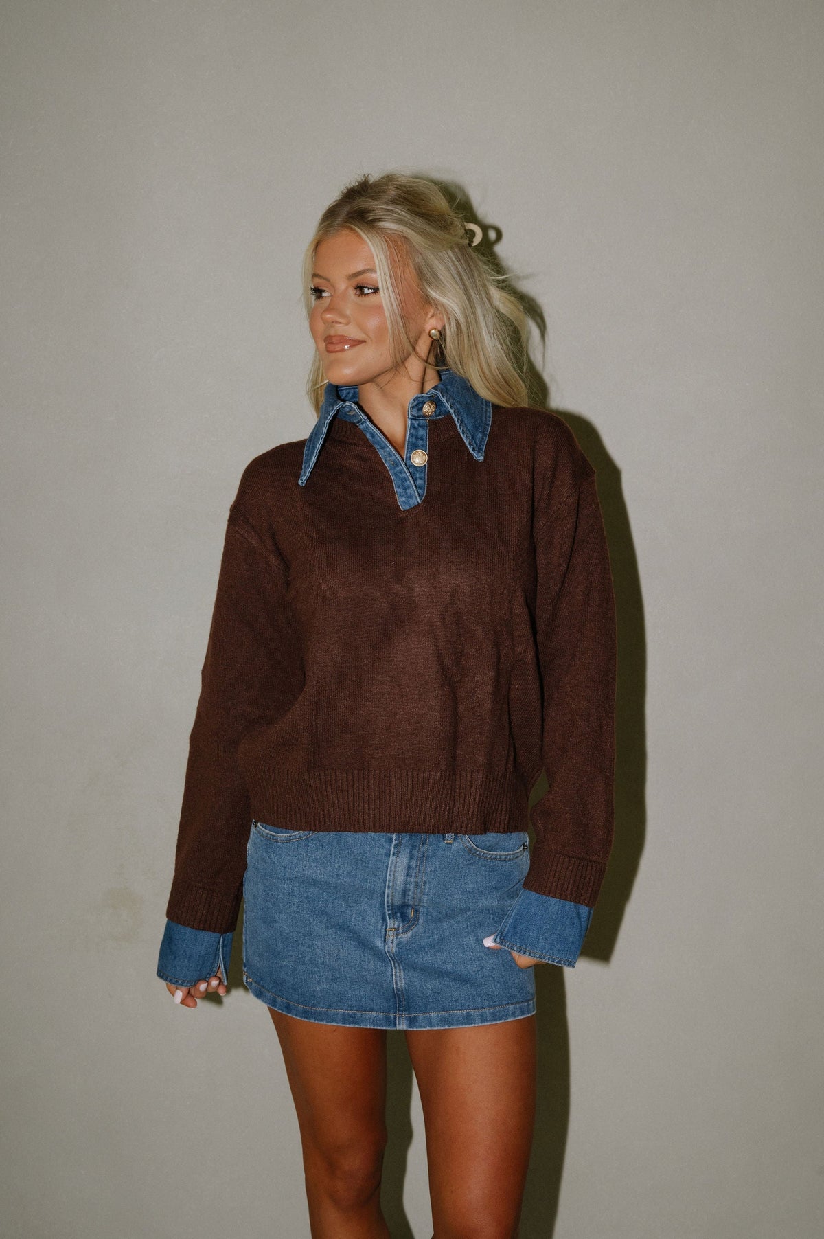 Denim Knit Top-Brown