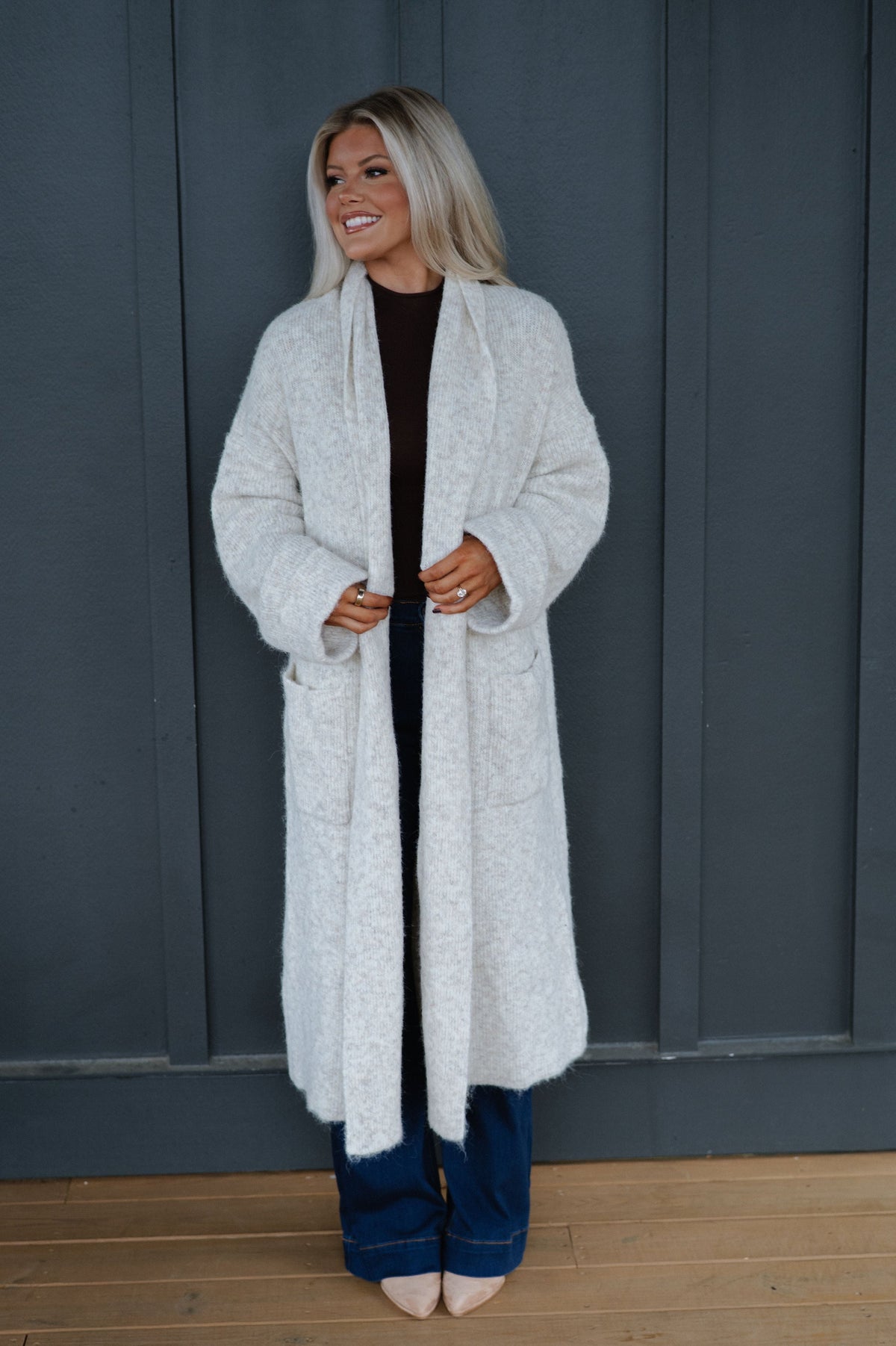 Shawl Collar Open Cardigan-Light Taupe