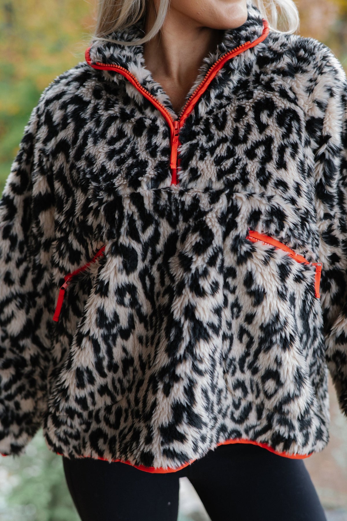 Leopard Half Zip Front Pullover-Beige