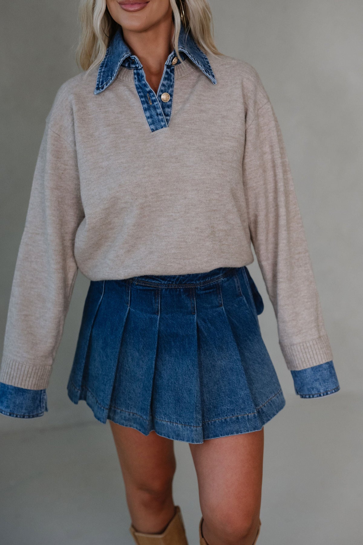 Lacie Denim Constrast Sweater-Khaki