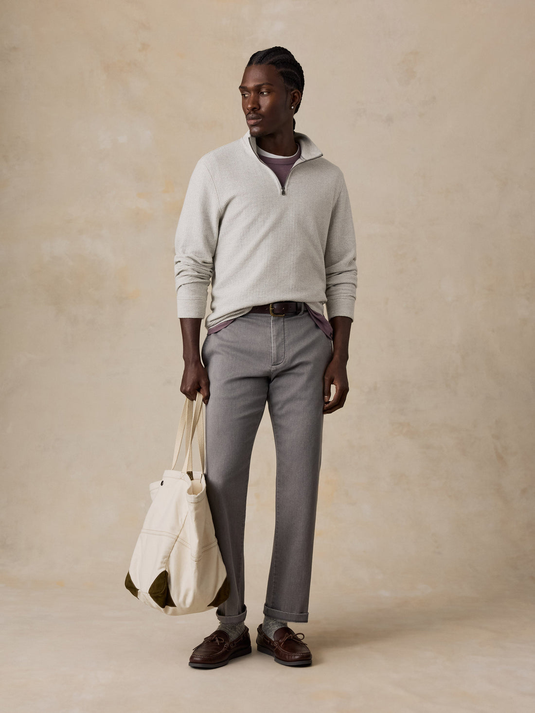 Textured Knit Quarter Zip - Snow Grey Heather
