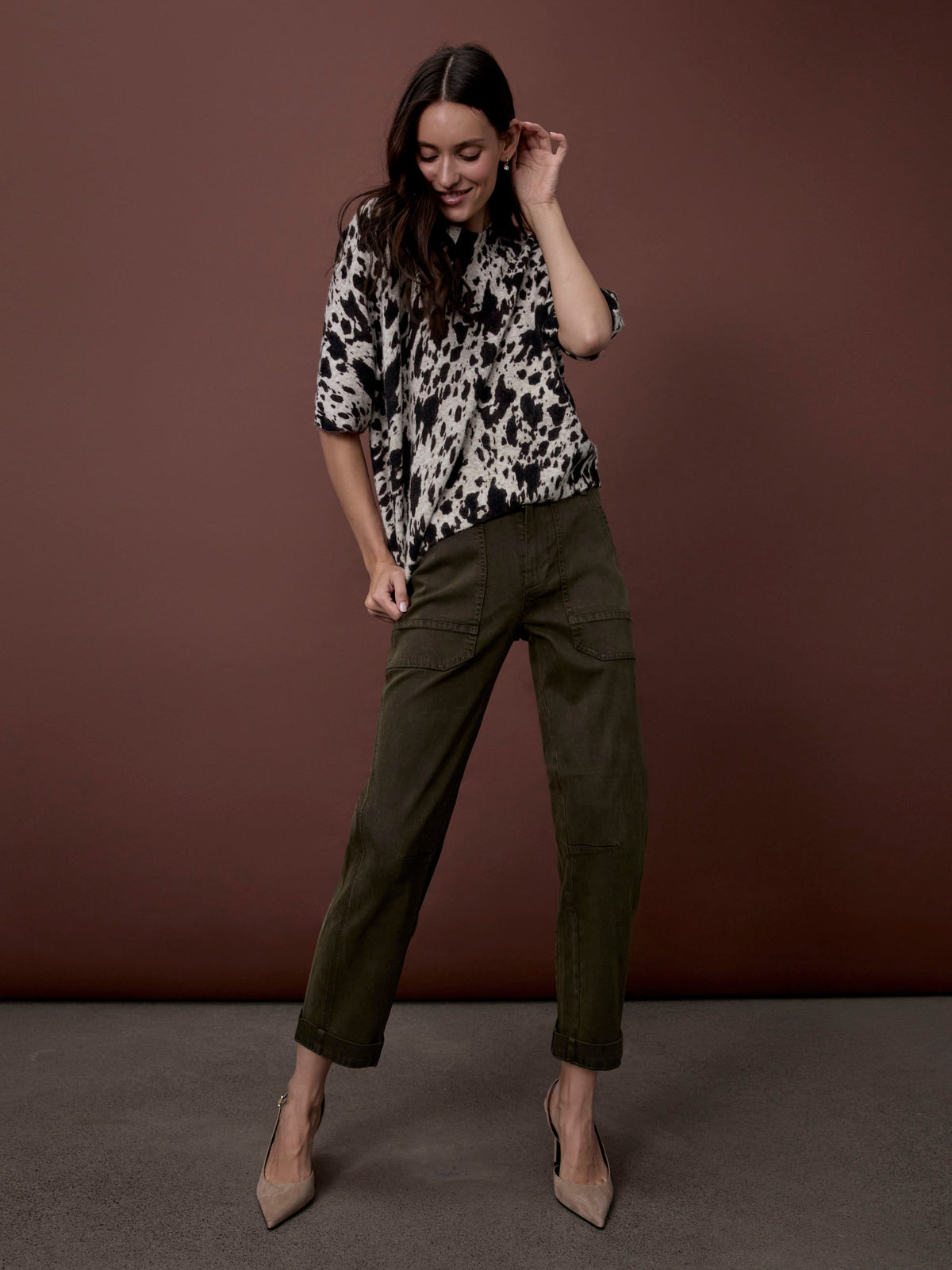 Cropped Barrel Leg Twill Pants - Olive