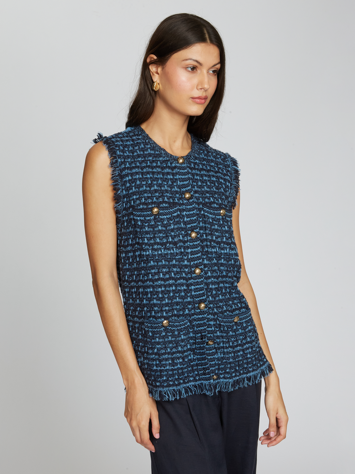 Long Tweed Vest W/ Fringe in Navy Blue Combo