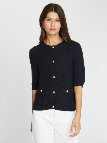 Button Front Elbow Sleeve Jacket W/ Pockets in Navy