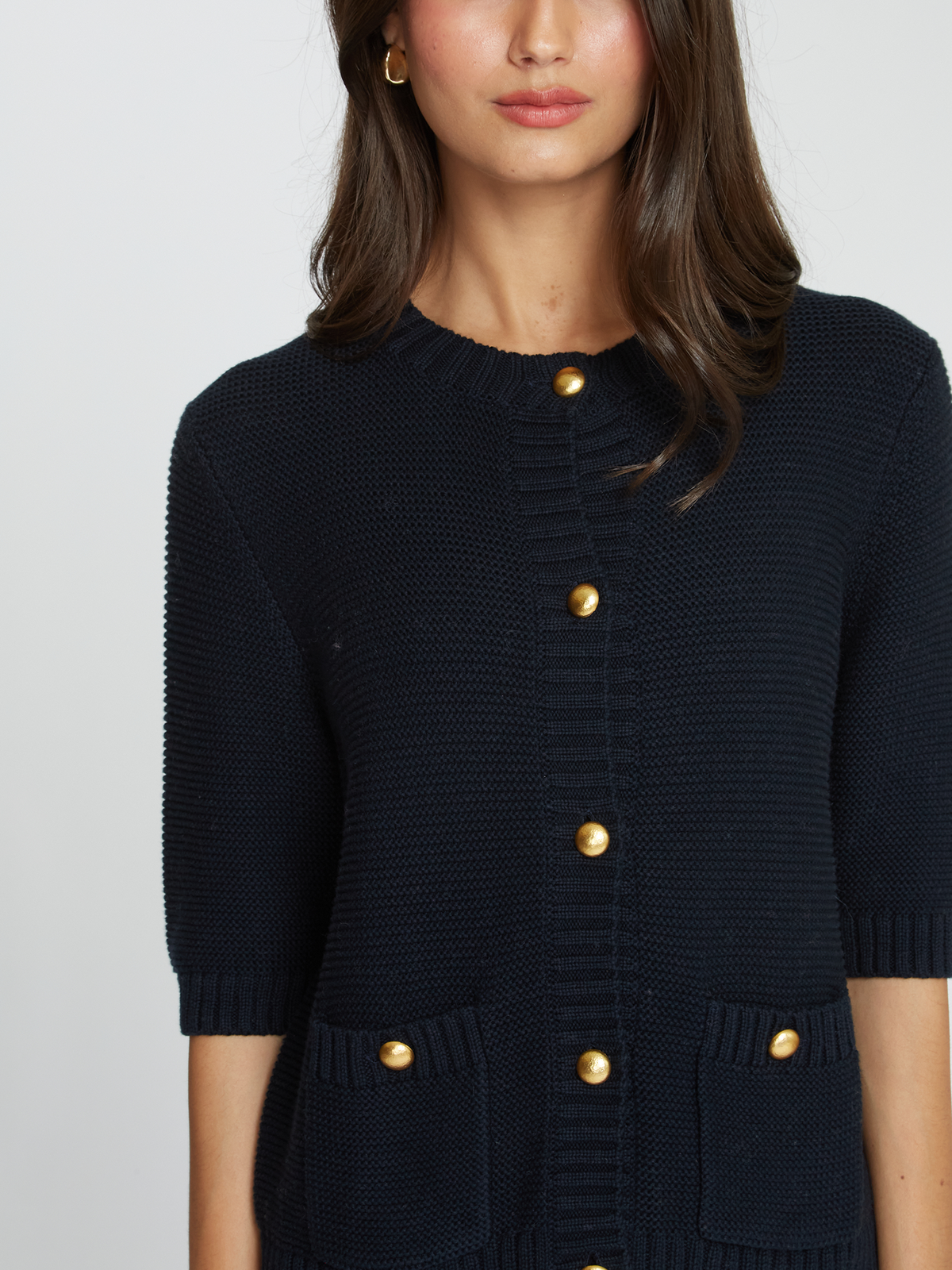 Button Front Elbow Sleeve Jacket W/ Pockets in Navy