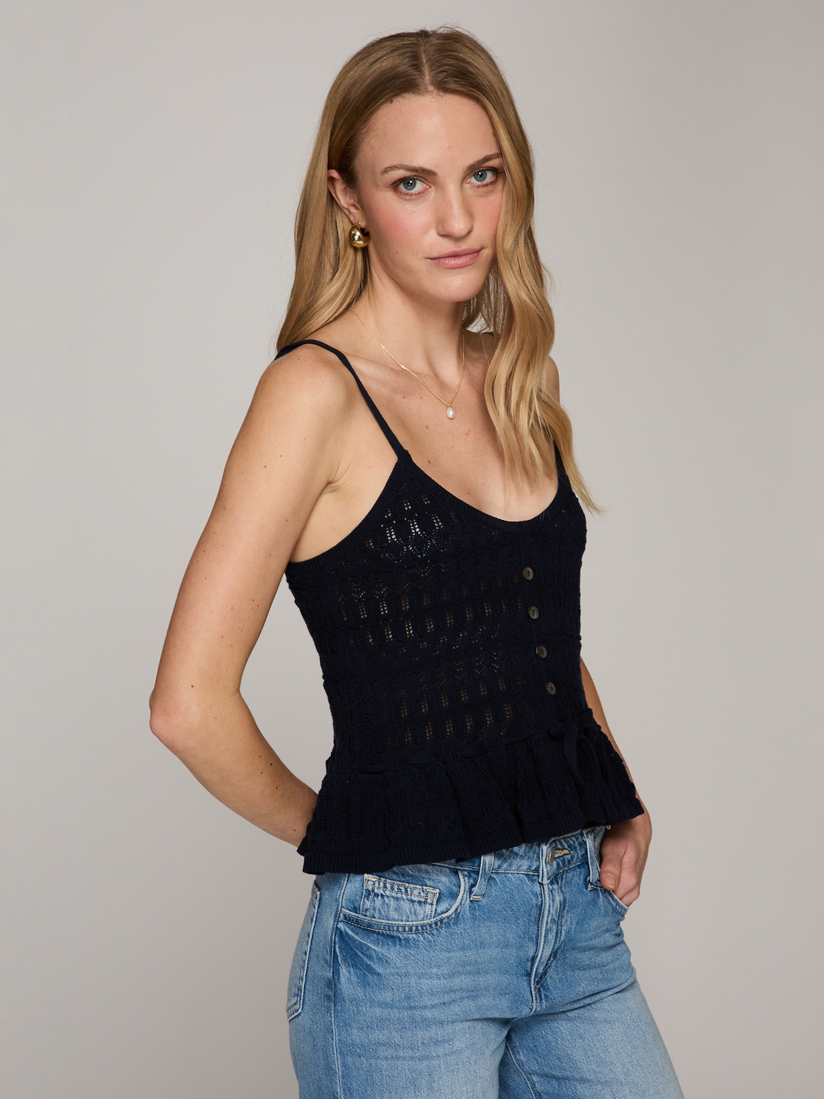 Button Front Pointelle Cami Tank in Navy