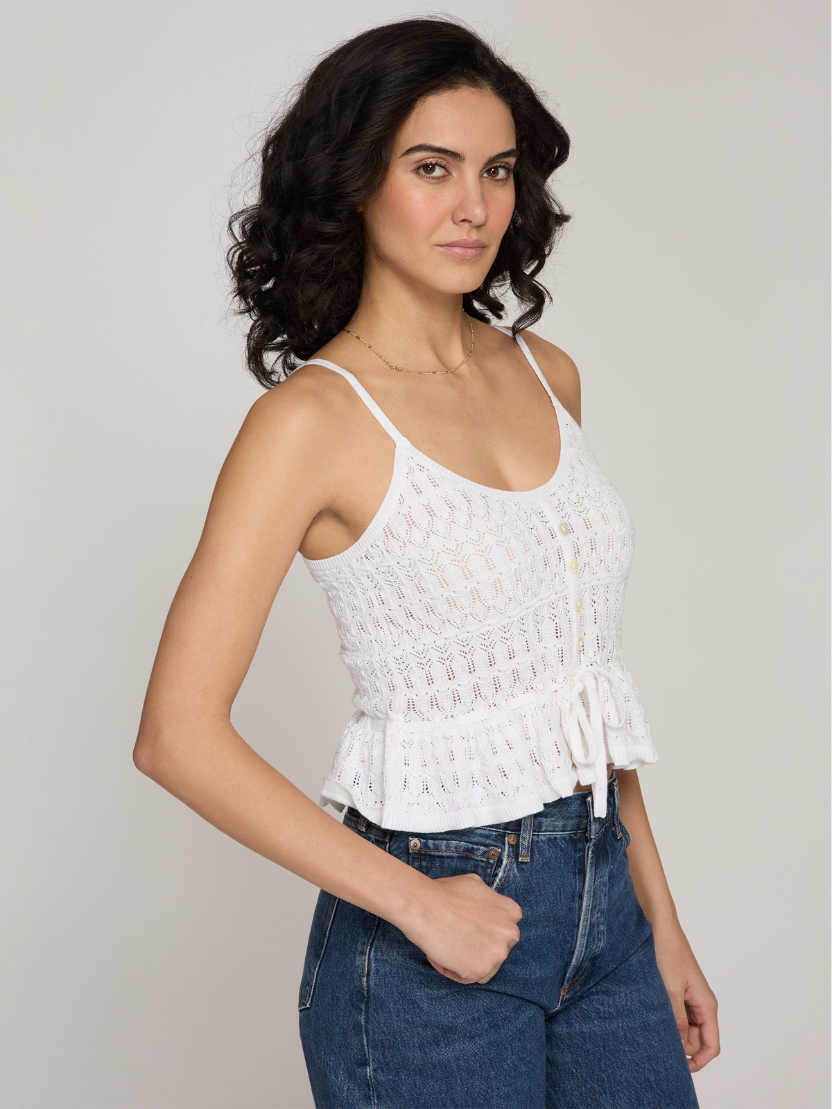 Button Front Pointelle Cami Tank in White