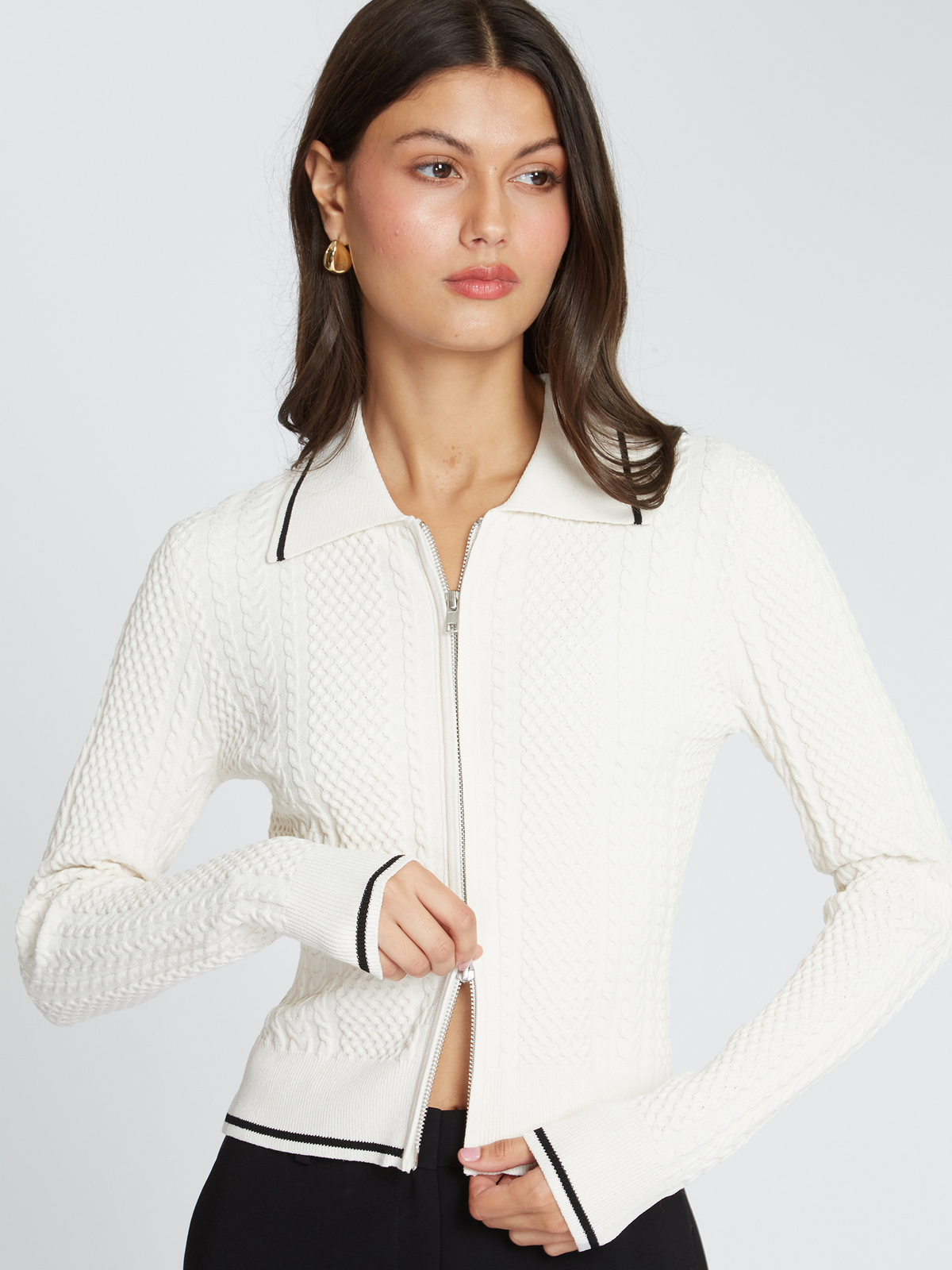 Cable Zip Front Collared Jacket in Sand/Black