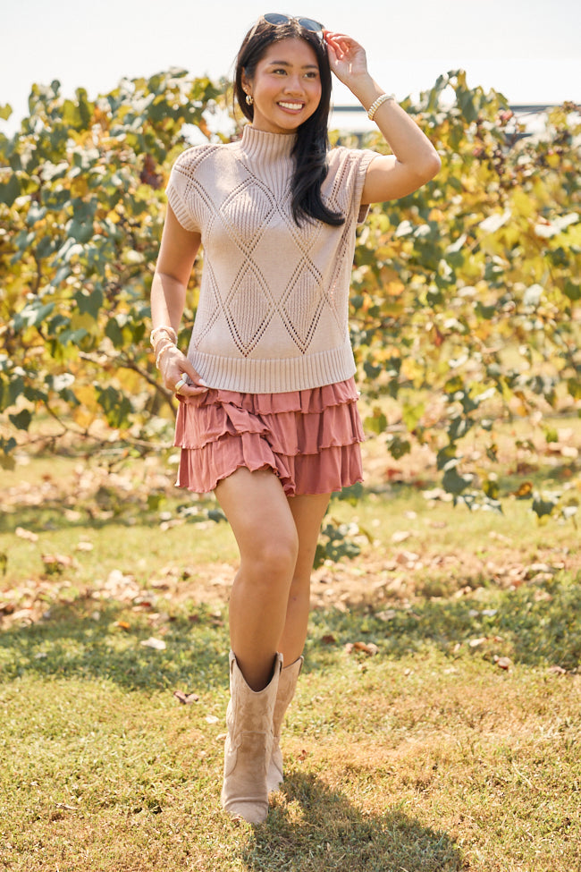 Finer Things Taupe Short Sleeve Mock Neck Sweater