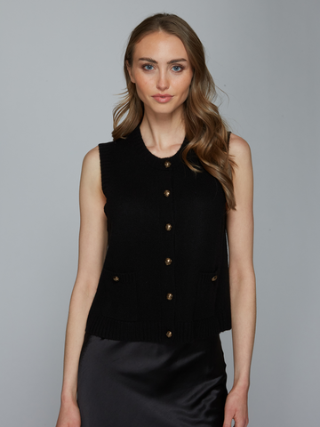 Button Front Vest w/ Pockets in Black