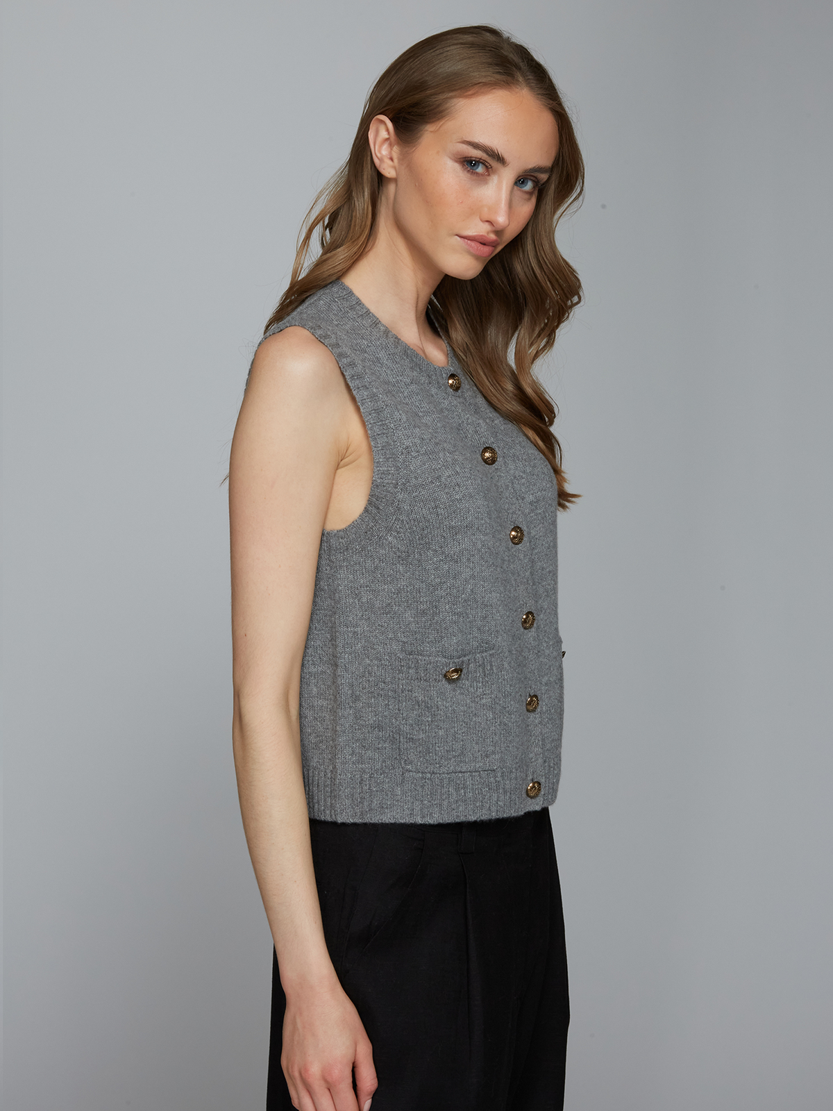 Button Front Vest w/ Pockets in Cement