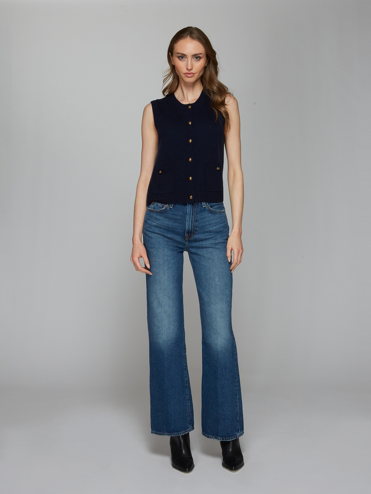 Button Front Vest w/ Pockets in Navy