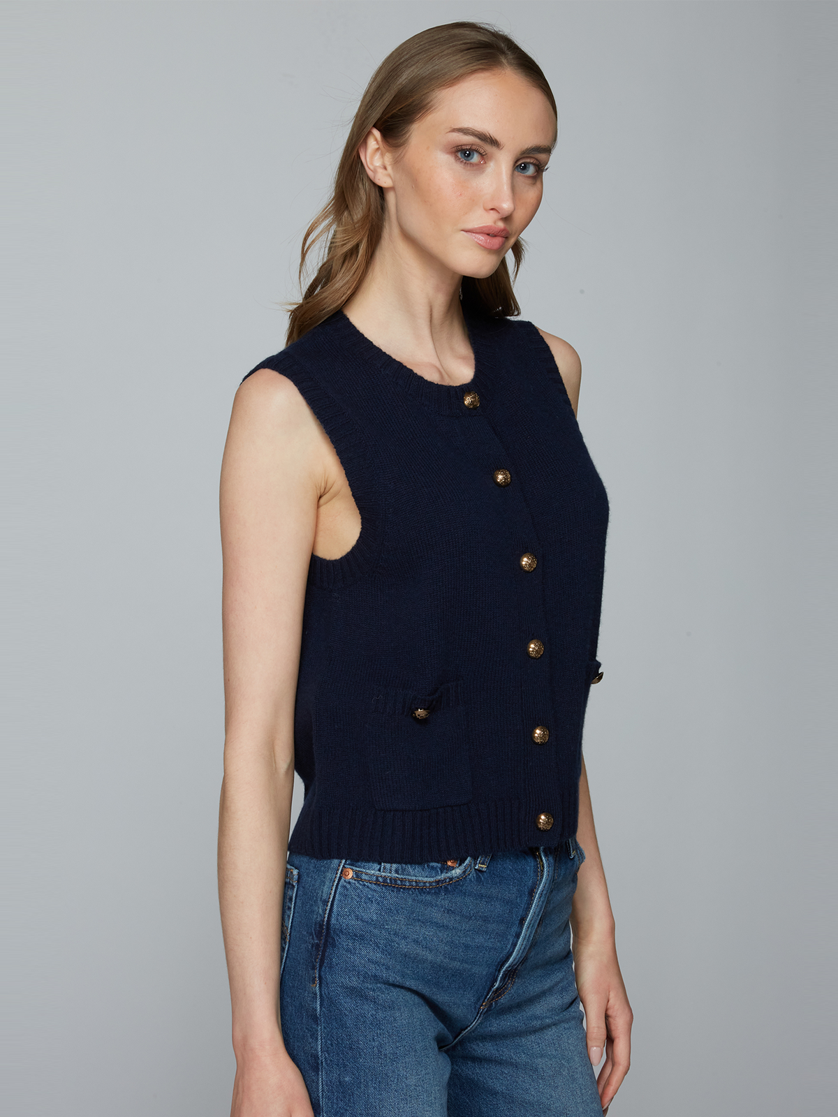 Button Front Vest w/ Pockets in Navy