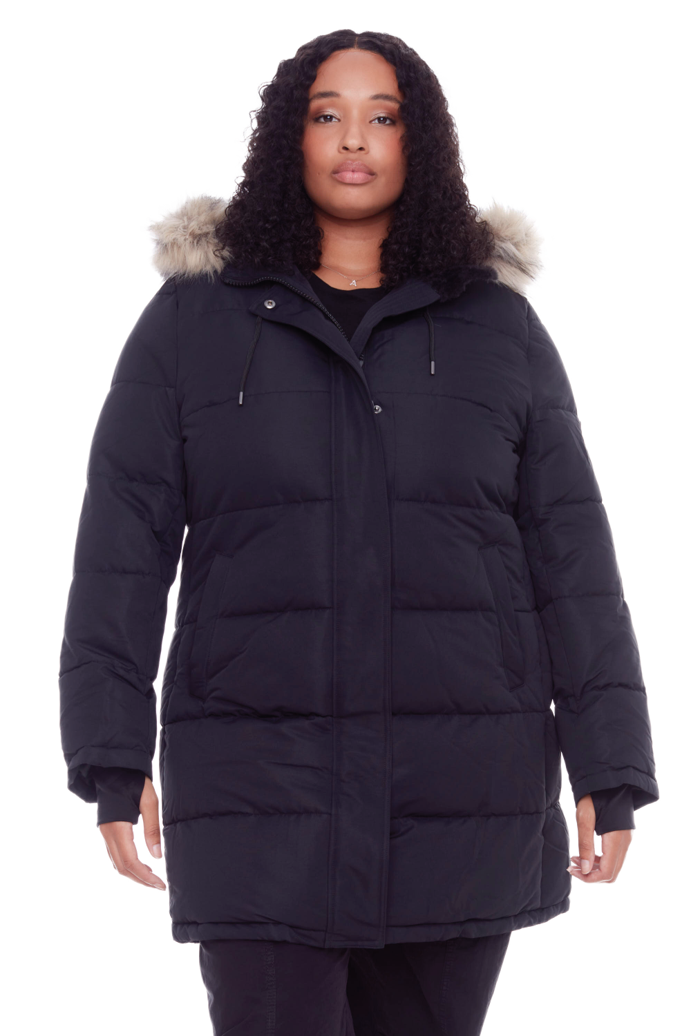 AULAVIK PLUS | WOMEN'S VEGAN DOWN (RECYCLED) MID-LENGTH HOODED PARKA COAT, BLACK (PLUS SIZE)