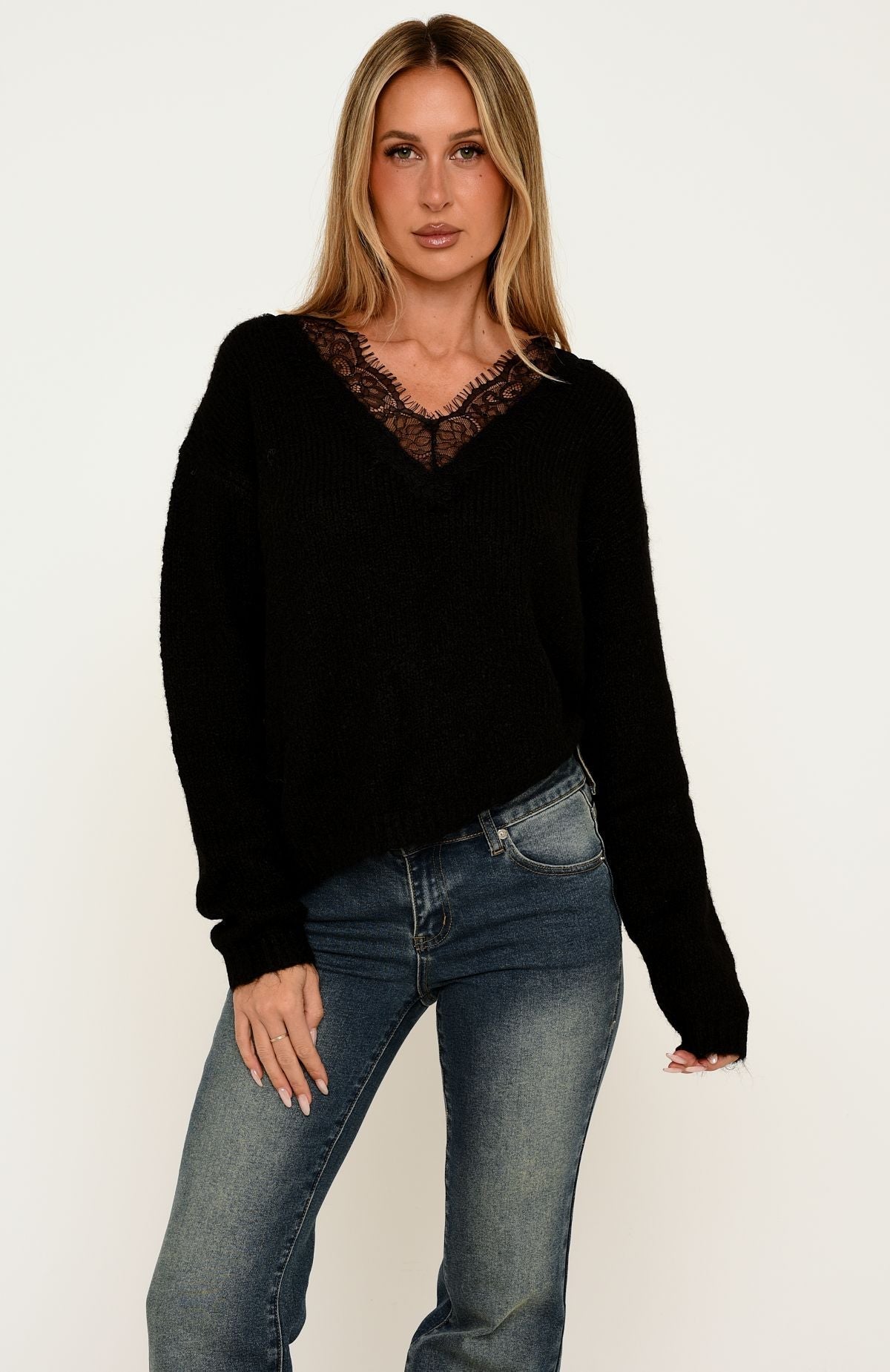 Rosaline Lace Knit Sweater Black