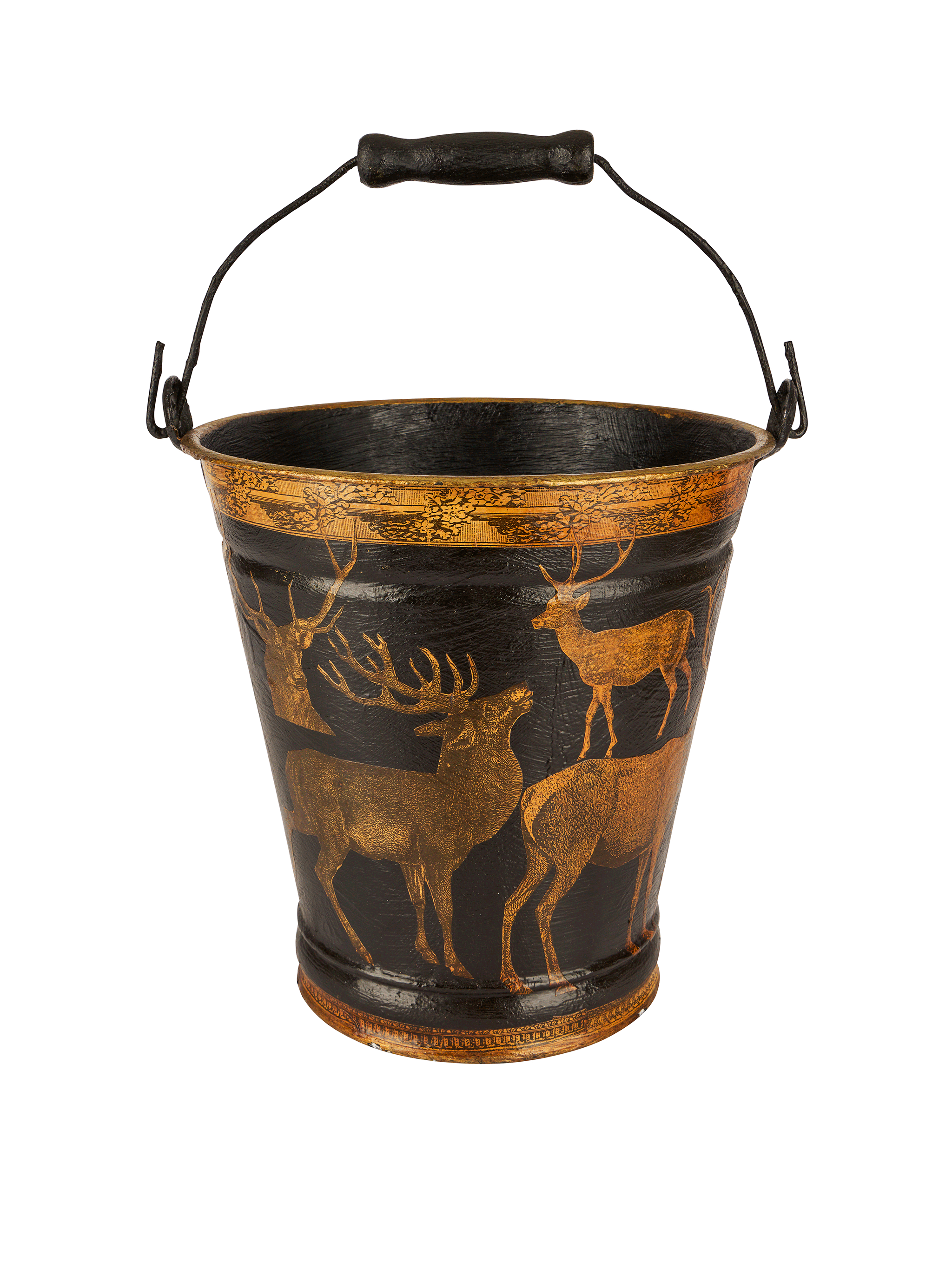 Vintage English Decoupage Black Deer Bucket