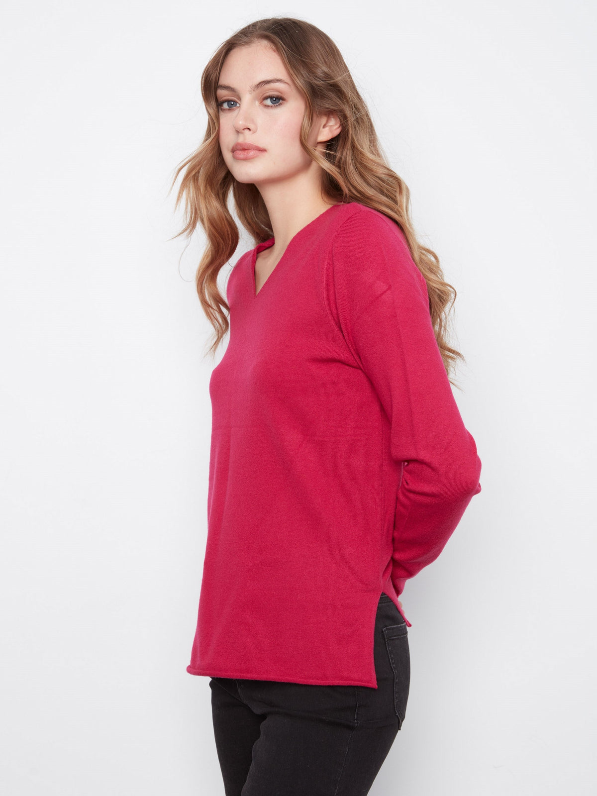 Basic V-Neck Sweater - Cherry