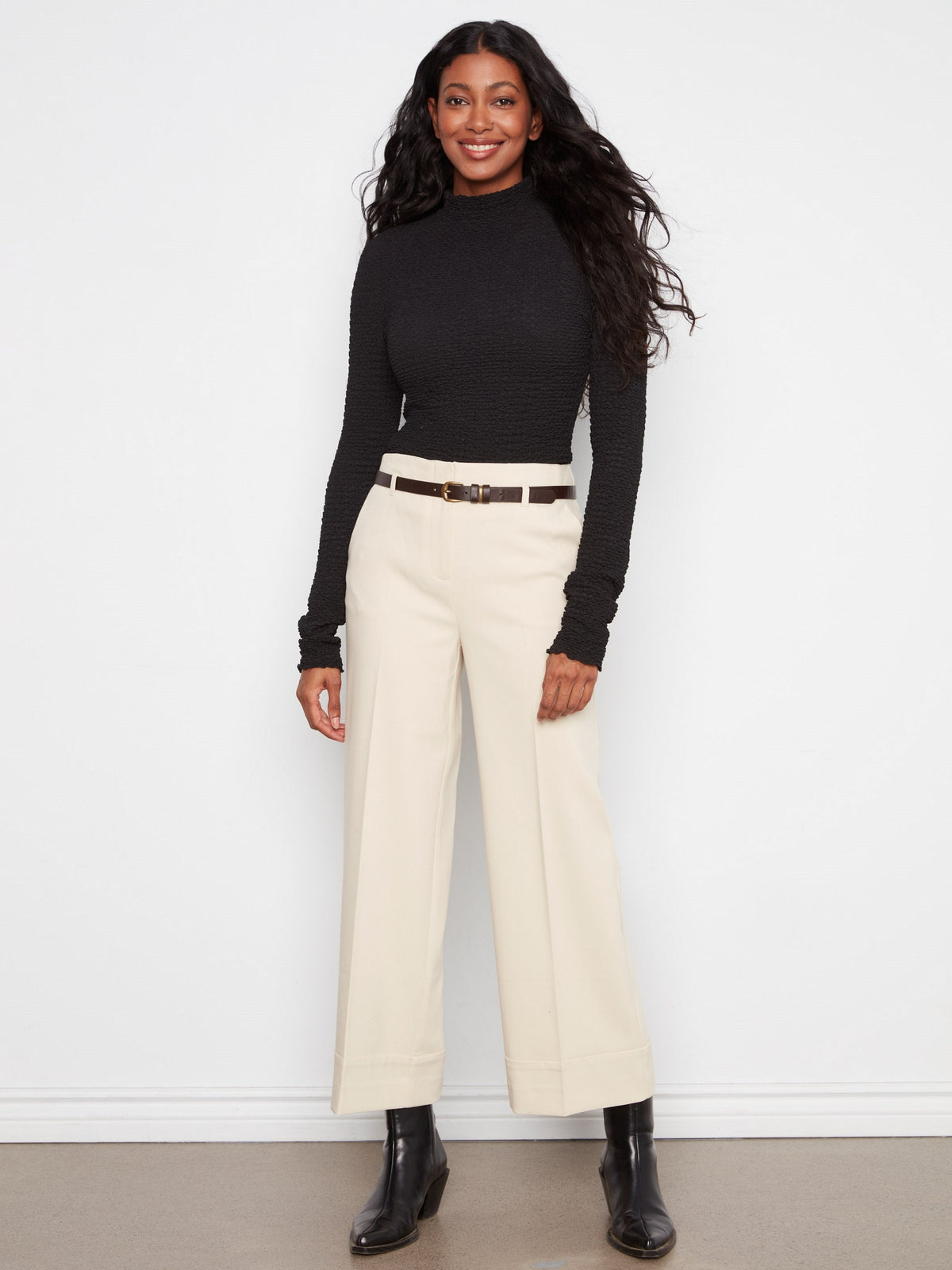 Belted Wide Leg Crepe Pants - Beige