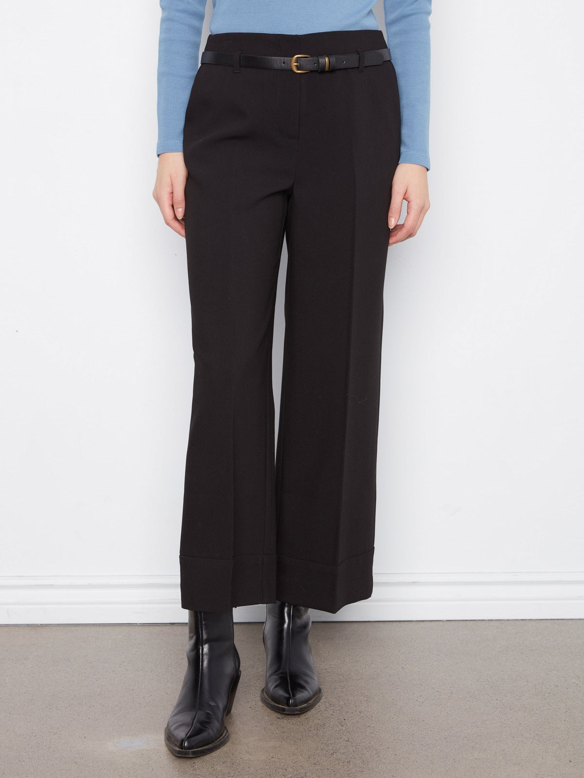 Belted Wide Leg Crepe Pants - Black