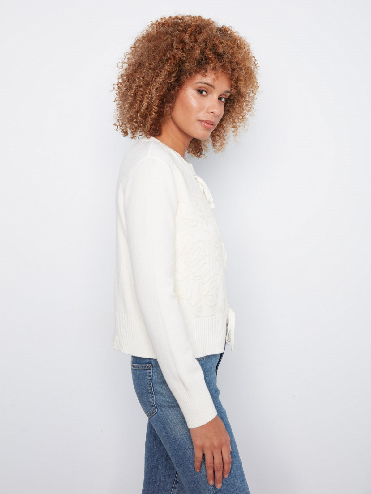 Bow Tie Jacquard Knit Cardigan - Ecru